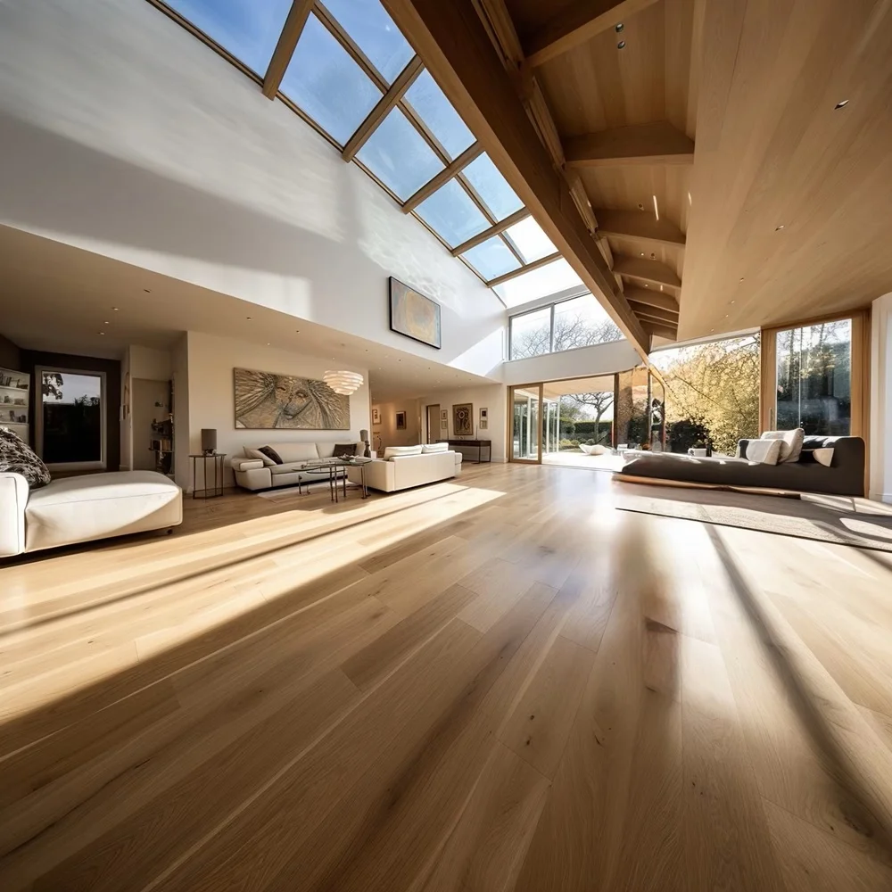 Spacious living room with natural oak timber flooring installation by Perfect Timber Flooring
